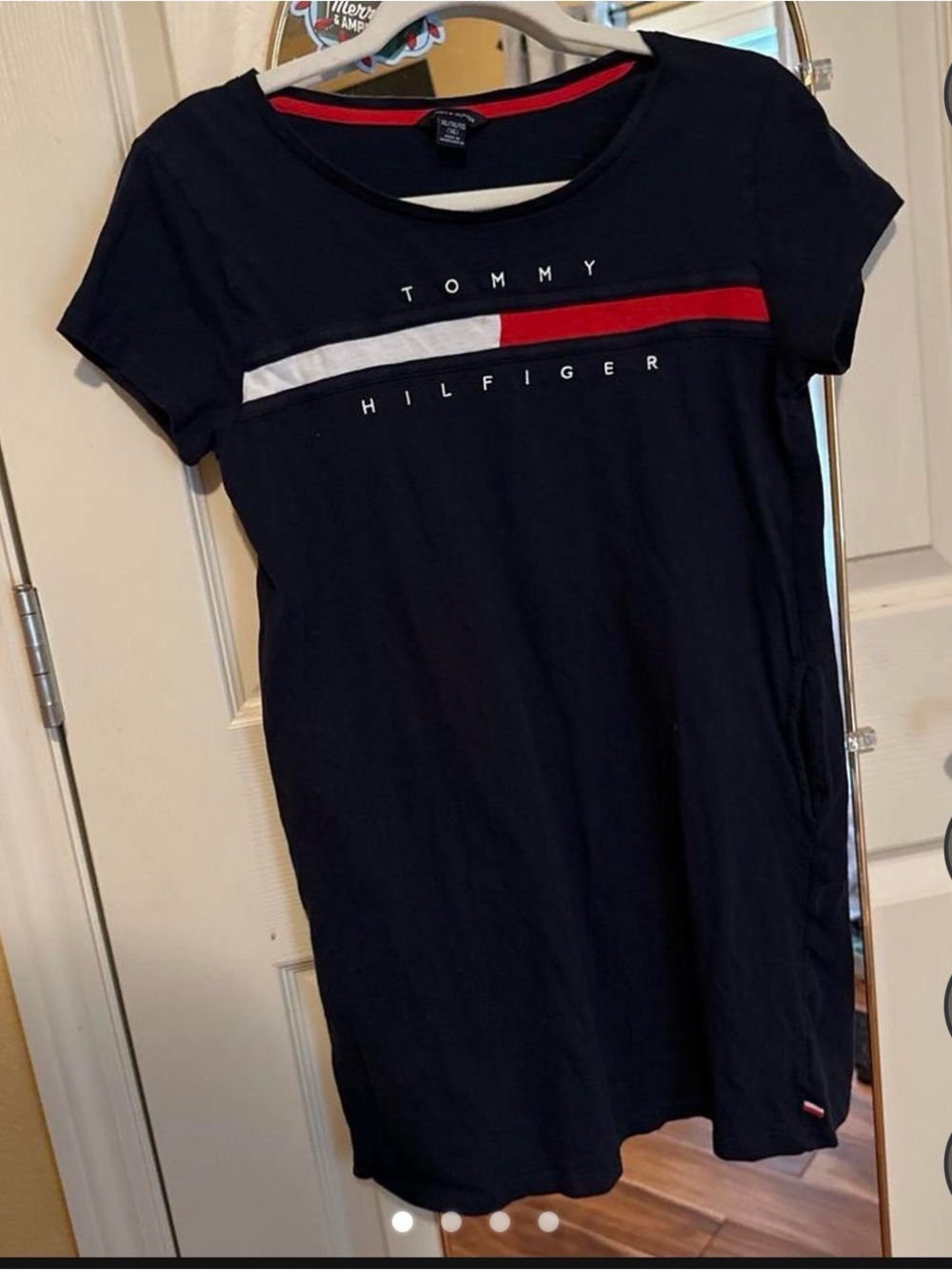 Tommy Hilfiger Navy Short Sleeve Logo Mini Dress with Red & White Stripe